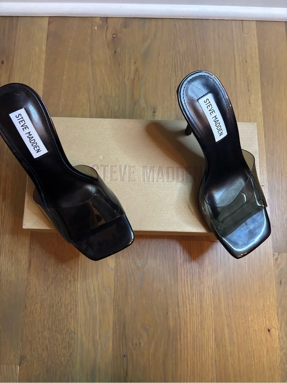 Steve Madden Black Clear Strap Mule Heels
